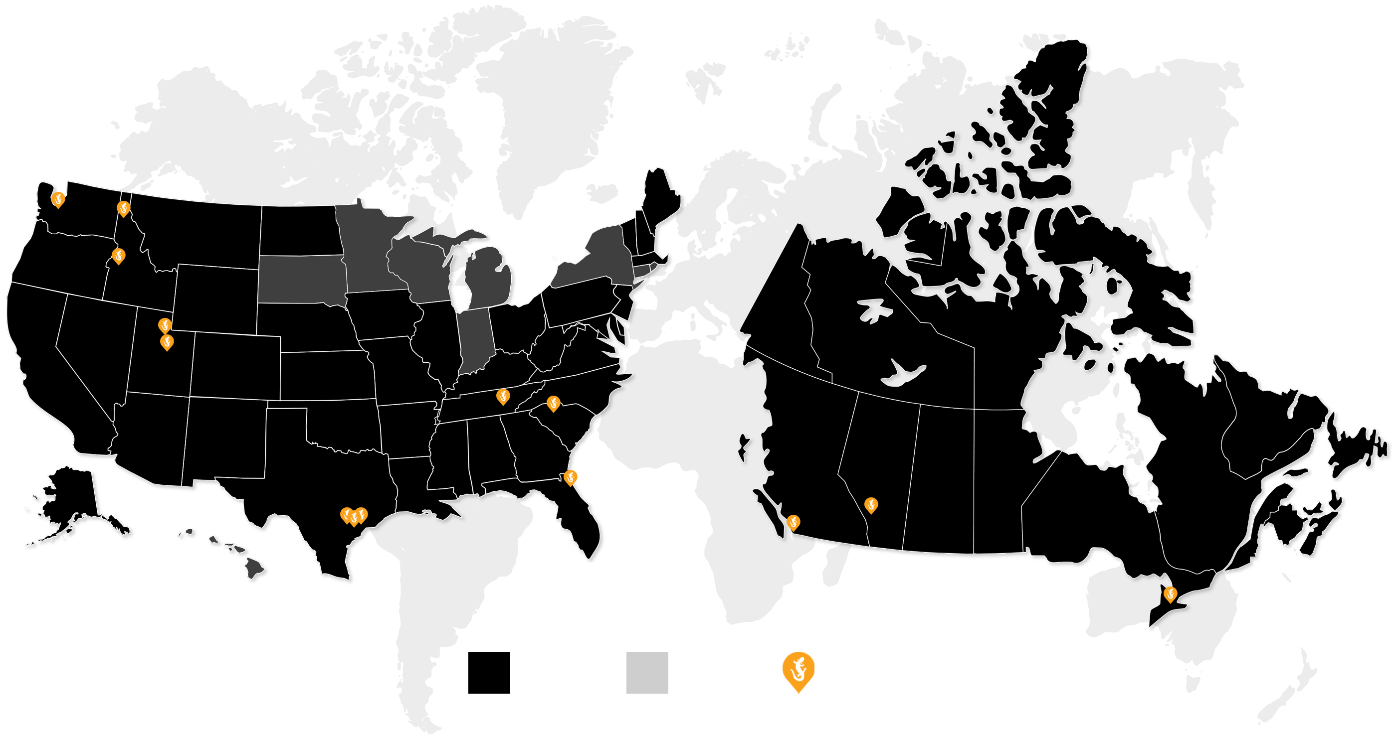 World Map USA and Canada with Upgrade Labs Locations